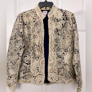 Chico’s Dressy 100% Silk Beaded Blue and Gold Open Jacket Size1